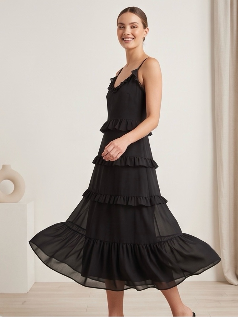 MICHAEL Michael Kors Black Tiered Ruffle Midi Dress
